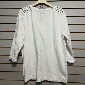 d&co Denim And Company Top Shirt Blouse 3/4 Sleeves‎ L EUC Solid Tee Grommets